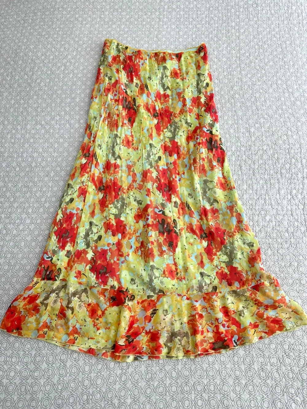 SUNDANCE 100% Silk Abstract Floral Midi Skirt Yellow Orange Size 10
